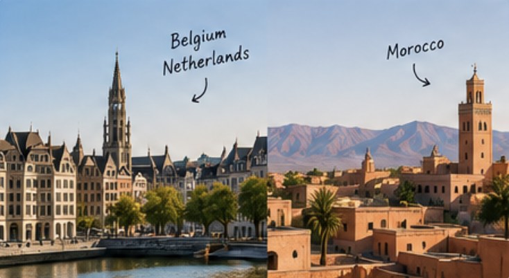Brussels old town on the left, Marrakech with the Atlas mountains on the right